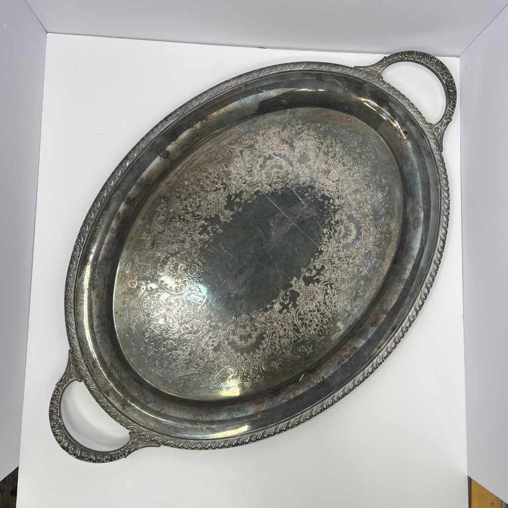 RARE Wm Rogers Silver Plate Oval Serving Tray 24" Platter 8681 Handles Gadroon